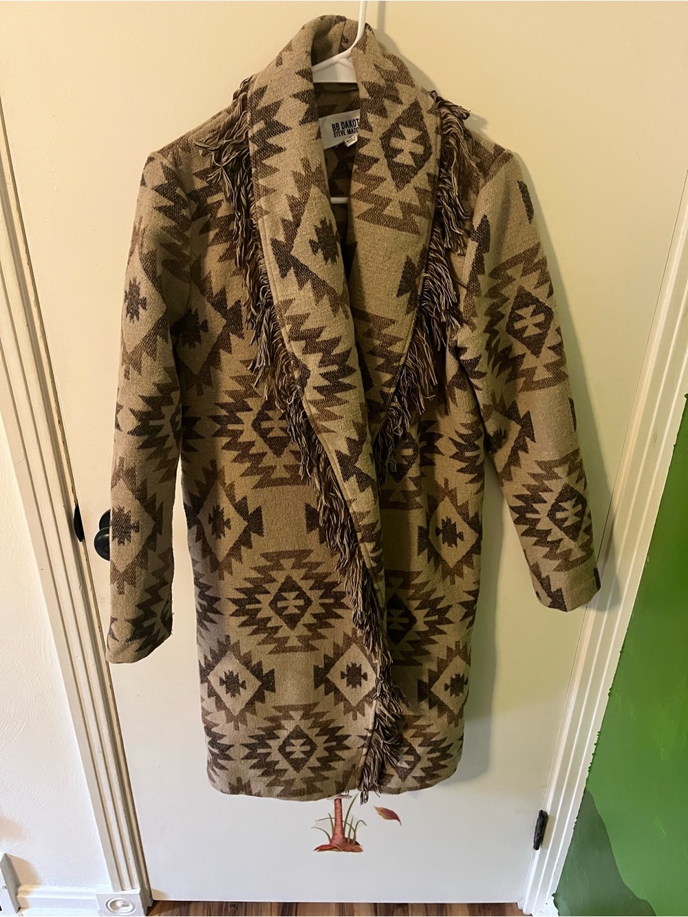 BB Dakota Steve Madden Tan & Brown Southwestern Fringe Open Front Boho Coat